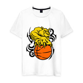 Мужская футболка хлопок с принтом Тигр с мячом в Новосибирске, 100% хлопок | прямой крой, круглый вырез горловины, длина до линии бедер, слегка спущенное плечо. | Тематика изображения на принте: basketball | баскетбол | мяч | пантера | тигр