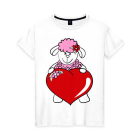 Женская футболка хлопок с принтом Барашек с сердцем в Новосибирске, 100% хлопок | прямой крой, круглый вырез горловины, длина до линии бедер, слегка спущенное плечо | 2015 | баран | барашек | коза | козочка | новый год | овечка | овца | рождество | сердце | цветок