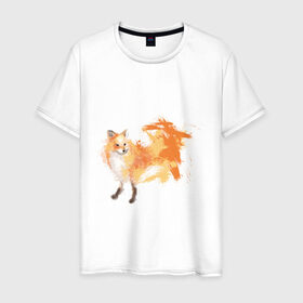 Мужская футболка хлопок с принтом Лиса акварель в Новосибирске, 100% хлопок | прямой крой, круглый вырез горловины, длина до линии бедер, слегка спущенное плечо. | fox | акварель | животные | лисы | мило