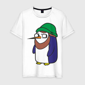 Мужская футболка хлопок с принтом Пингвин в шапке в Новосибирске, 100% хлопок | прямой крой, круглый вырез горловины, длина до линии бедер, слегка спущенное плечо. | Тематика изображения на принте: борода | пингвин