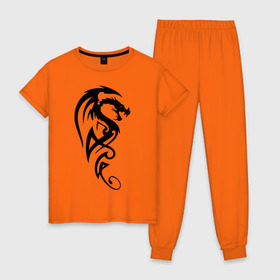 Женская пижама хлопок с принтом Дракон (стильный трайбл) в Новосибирске, 100% хлопок | брюки и футболка прямого кроя, без карманов, на брюках мягкая резинка на поясе и по низу штанин | dragon | tattoo | дракон | тату | трайбл
