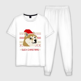 Мужская пижама хлопок с принтом Such christmas в Новосибирске, 100% хлопок | брюки и футболка прямого кроя, без карманов, на брюках мягкая резинка на поясе и по низу штанин
 | 2015 | such christmas | новый год | праздник | собака | шапка