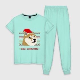 Женская пижама хлопок с принтом Such christmas в Новосибирске, 100% хлопок | брюки и футболка прямого кроя, без карманов, на брюках мягкая резинка на поясе и по низу штанин | 2015 | such christmas | новый год | праздник | собака | шапка