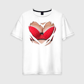 Женская футболка хлопок Oversize с принтом Красный бюст в Новосибирске, 100% хлопок | свободный крой, круглый ворот, спущенный рукав, длина до линии бедер
 | 2015 | бюст | бюстгальтер | костюм | красный бюст | лифон | лифчик | новый год | праздник