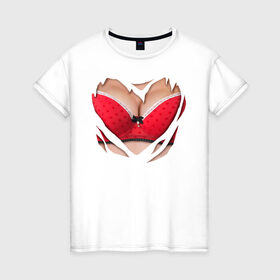 Женская футболка хлопок с принтом Красный бюст в Новосибирске, 100% хлопок | прямой крой, круглый вырез горловины, длина до линии бедер, слегка спущенное плечо | 2015 | бюст | бюстгальтер | костюм | красный бюст | лифон | лифчик | новый год | праздник