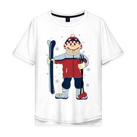 Мужская футболка хлопок Oversize с принтом Лыжник в Новосибирске, 100% хлопок | свободный крой, круглый ворот, “спинка” длиннее передней части | Тематика изображения на принте: лыжи | лыжник | палки | снег | снежинки | спорт