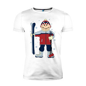 Мужская футболка премиум с принтом Лыжник в Новосибирске, 92% хлопок, 8% лайкра | приталенный силуэт, круглый вырез ворота, длина до линии бедра, короткий рукав | лыжи | лыжник | палки | снег | снежинки | спорт