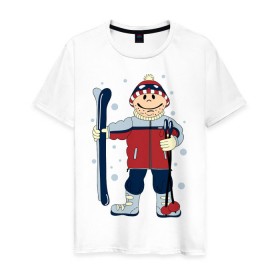 Мужская футболка хлопок с принтом Лыжник в Новосибирске, 100% хлопок | прямой крой, круглый вырез горловины, длина до линии бедер, слегка спущенное плечо. | лыжи | лыжник | палки | снег | снежинки | спорт