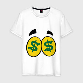 Мужская футболка хлопок с принтом В глазах сияют баксы в Новосибирске, 100% хлопок | прямой крой, круглый вырез горловины, длина до линии бедер, слегка спущенное плечо. | Тематика изображения на принте: бакс | глаза | деньги | доллар | жадность