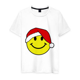 Мужская футболка хлопок с принтом Новогодняя рожица в Новосибирске, 100% хлопок | прямой крой, круглый вырез горловины, длина до линии бедер, слегка спущенное плечо. | new year | smile | новый год | смайл