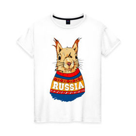 Женская футболка хлопок с принтом Белка made in Russia в Новосибирске, 100% хлопок | прямой крой, круглый вырез горловины, длина до линии бедер, слегка спущенное плечо | made in russia | mountain | russia | белка | кофта | патриот | россия | свитер