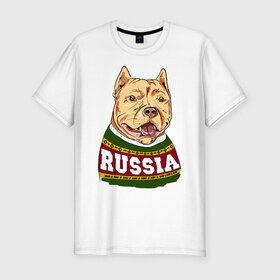 Мужская футболка премиум с принтом Собака made in Russia в Новосибирске, 92% хлопок, 8% лайкра | приталенный силуэт, круглый вырез ворота, длина до линии бедра, короткий рукав | 