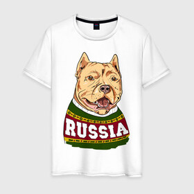 Мужская футболка хлопок с принтом Собака made in Russia в Новосибирске, 100% хлопок | прямой крой, круглый вырез горловины, длина до линии бедер, слегка спущенное плечо. | 