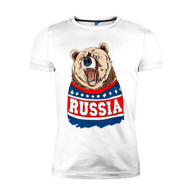 Мужская футболка премиум с принтом Медведь made in Russia в Новосибирске, 92% хлопок, 8% лайкра | приталенный силуэт, круглый вырез ворота, длина до линии бедра, короткий рукав | made in russia | mountain | russia | кофта | медведь | мишка | патриот | россия | свитер