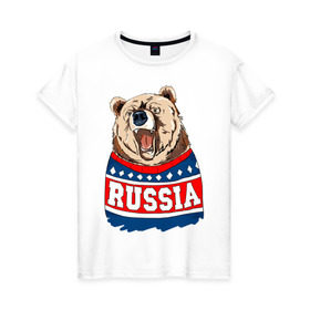 Женская футболка хлопок с принтом Медведь made in Russia в Новосибирске, 100% хлопок | прямой крой, круглый вырез горловины, длина до линии бедер, слегка спущенное плечо | made in russia | mountain | russia | кофта | медведь | мишка | патриот | россия | свитер