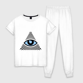 Женская пижама хлопок с принтом Всевидящее око (глаз в треугольнике) в Новосибирске, 100% хлопок | брюки и футболка прямого кроя, без карманов, на брюках мягкая резинка на поясе и по низу штанин | иллюминаты
