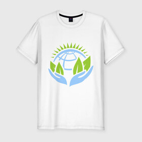 Мужская футболка премиум с принтом Планету нужно беречь в Новосибирске, 92% хлопок, 8% лайкра | приталенный силуэт, круглый вырез ворота, длина до линии бедра, короткий рукав | green peace | гринпис | забота | охрана | планета | природа