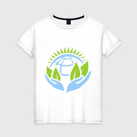 Женская футболка хлопок с принтом Планету нужно беречь в Новосибирске, 100% хлопок | прямой крой, круглый вырез горловины, длина до линии бедер, слегка спущенное плечо | green peace | гринпис | забота | охрана | планета | природа