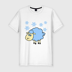 Мужская футболка премиум с принтом Овечка и снег в Новосибирске, 92% хлопок, 8% лайкра | приталенный силуэт, круглый вырез ворота, длина до линии бедра, короткий рукав | Тематика изображения на принте: 2015 | new year | новый год | овца | снег | снежинки