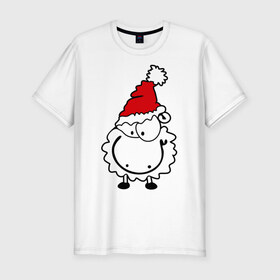 Мужская футболка премиум с принтом Счастливая овечка в Новосибирске, 92% хлопок, 8% лайкра | приталенный силуэт, круглый вырез ворота, длина до линии бедра, короткий рукав | 2015 | new year | новый год | овечка | овца | счастье