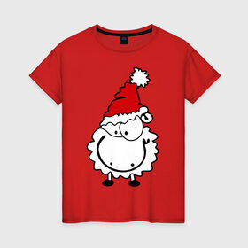 Женская футболка хлопок с принтом Счастливая овечка в Новосибирске, 100% хлопок | прямой крой, круглый вырез горловины, длина до линии бедер, слегка спущенное плечо | 2015 | new year | новый год | овечка | овца | счастье