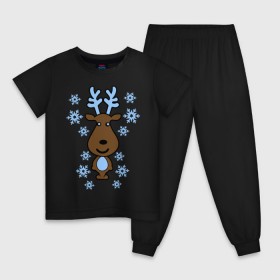 Детская пижама хлопок с принтом Милый олень и снежинки в Новосибирске, 100% хлопок |  брюки и футболка прямого кроя, без карманов, на брюках мягкая резинка на поясе и по низу штанин
 | new year | новый год | олень | снег | снежинки