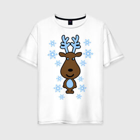Женская футболка хлопок Oversize с принтом Милый олень и снежинки в Новосибирске, 100% хлопок | свободный крой, круглый ворот, спущенный рукав, длина до линии бедер
 | new year | новый год | олень | снег | снежинки