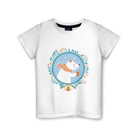 Детская футболка хлопок с принтом Белый мишка в Новосибирске, 100% хлопок | круглый вырез горловины, полуприлегающий силуэт, длина до линии бедер | Тематика изображения на принте: белый мишка | венок | новый год | подарки | праздник | снег | снежинки | холод | шапки