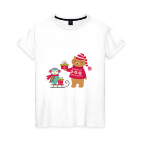 Женская футболка хлопок с принтом Медведь и сова в Новосибирске, 100% хлопок | прямой крой, круглый вырез горловины, длина до линии бедер, слегка спущенное плечо | венок | медведь. сова. санки | новый год | подарки | праздник | снег | снежинки | холод | шапки
