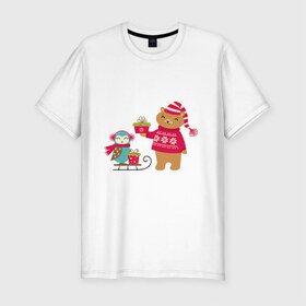 Мужская футболка премиум с принтом Медведь и сова в Новосибирске, 92% хлопок, 8% лайкра | приталенный силуэт, круглый вырез ворота, длина до линии бедра, короткий рукав | Тематика изображения на принте: венок | медведь. сова. санки | новый год | подарки | праздник | снег | снежинки | холод | шапки
