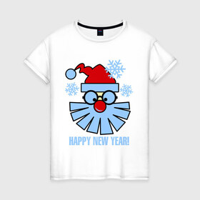 Женская футболка хлопок с принтом Санта Клаус и снежинки в Новосибирске, 100% хлопок | прямой крой, круглый вырез горловины, длина до линии бедер, слегка спущенное плечо | new year | дед мороз | зима | новый год | санта | санта клаус | снег