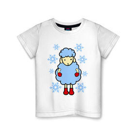 Детская футболка хлопок с принтом Барашек и снежинки в Новосибирске, 100% хлопок | круглый вырез горловины, полуприлегающий силуэт, длина до линии бедер | барашек | зима | новый год | овечка | овца | снег | снежинки