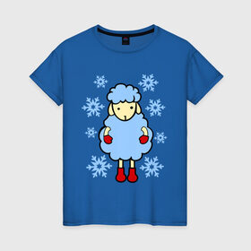 Женская футболка хлопок с принтом Барашек и снежинки в Новосибирске, 100% хлопок | прямой крой, круглый вырез горловины, длина до линии бедер, слегка спущенное плечо | барашек | зима | новый год | овечка | овца | снег | снежинки