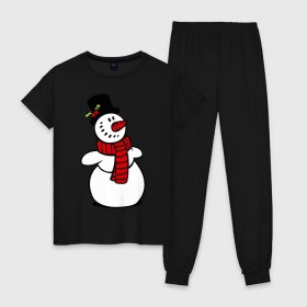 Женская пижама хлопок с принтом Весёлый снеговик в Новосибирске, 100% хлопок | брюки и футболка прямого кроя, без карманов, на брюках мягкая резинка на поясе и по низу штанин | Тематика изображения на принте: new year | новый год | рождество | снеговик