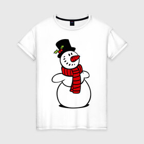 Женская футболка хлопок с принтом Весёлый снеговик в Новосибирске, 100% хлопок | прямой крой, круглый вырез горловины, длина до линии бедер, слегка спущенное плечо | Тематика изображения на принте: new year | новый год | рождество | снеговик