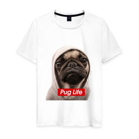 Мужская футболка хлопок с принтом Pug life в Новосибирске, 100% хлопок | прямой крой, круглый вырез горловины, длина до линии бедер, слегка спущенное плечо. | pug life | жизнь | капюшон | мопс | собака