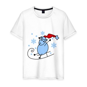 Мужская футболка хлопок с принтом Овечка на санках в Новосибирске, 100% хлопок | прямой крой, круглый вырез горловины, длина до линии бедер, слегка спущенное плечо. | зима | новый год | овечка | овца | сани | снег