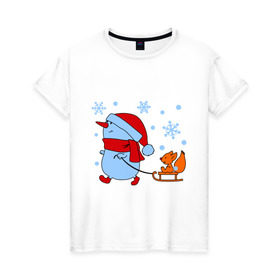 Женская футболка хлопок с принтом Снеговик с санками в Новосибирске, 100% хлопок | прямой крой, круглый вырез горловины, длина до линии бедер, слегка спущенное плечо | new year | белка | новый год | сани | снеговик