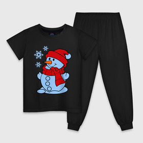 Детская пижама хлопок с принтом Снеговик и снежинки в Новосибирске, 100% хлопок |  брюки и футболка прямого кроя, без карманов, на брюках мягкая резинка на поясе и по низу штанин
 | зима | новый год | снег | снеговик | снежинки