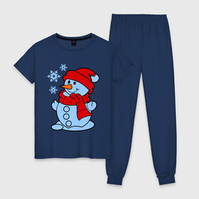 Женская пижама хлопок с принтом Снеговик и снежинки в Новосибирске, 100% хлопок | брюки и футболка прямого кроя, без карманов, на брюках мягкая резинка на поясе и по низу штанин | зима | новый год | снег | снеговик | снежинки