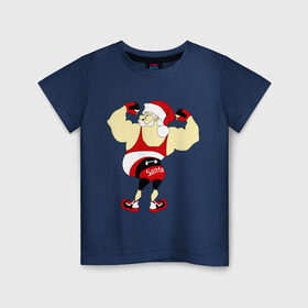Детская футболка хлопок с принтом Санта бодибилдер в Новосибирске, 100% хлопок | круглый вырез горловины, полуприлегающий силуэт, длина до линии бедер | Тематика изображения на принте: 2015 | бодибилдер | культурист | новый год | рождество | санта