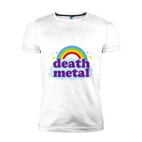 Мужская футболка премиум с принтом Rainbow death metal в Новосибирске, 92% хлопок, 8% лайкра | приталенный силуэт, круглый вырез ворота, длина до линии бедра, короткий рукав | будь металистом | волшебство | метал | музыка | оставайся рокером | прикол | радуга | рок | рокерам
