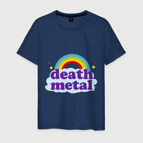 Мужская футболка хлопок с принтом Rainbow death metal в Новосибирске, 100% хлопок | прямой крой, круглый вырез горловины, длина до линии бедер, слегка спущенное плечо. | будь металистом | волшебство | метал | музыка | оставайся рокером | прикол | радуга | рок | рокерам