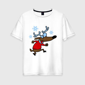 Женская футболка хлопок Oversize с принтом Новогодний олень в Новосибирске, 100% хлопок | свободный крой, круглый ворот, спущенный рукав, длина до линии бедер
 | 2015 | new year | новый год | олень | снег