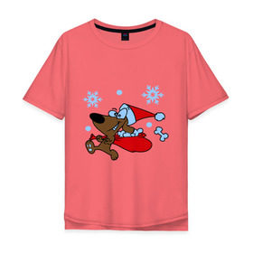 Мужская футболка хлопок Oversize с принтом Собачка в новогоднем колпаке в Новосибирске, 100% хлопок | свободный крой, круглый ворот, “спинка” длиннее передней части | new year | новый год | пес | собака