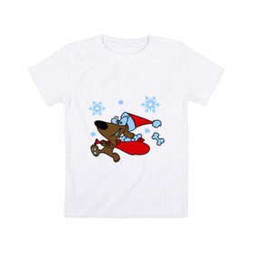 Детская футболка хлопок с принтом Собачка в новогоднем колпаке в Новосибирске, 100% хлопок | круглый вырез горловины, полуприлегающий силуэт, длина до линии бедер | Тематика изображения на принте: new year | новый год | пес | собака