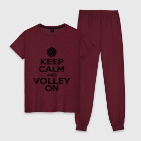 Женская пижама хлопок с принтом Keep calm and volley on в Новосибирске, 100% хлопок | брюки и футболка прямого кроя, без карманов, на брюках мягкая резинка на поясе и по низу штанин | Тематика изображения на принте: волейбол