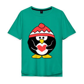 Мужская футболка хлопок Oversize с принтом Пингвин с сердцем в Новосибирске, 100% хлопок | свободный крой, круглый ворот, “спинка” длиннее передней части | Тематика изображения на принте: пингвин