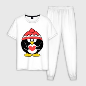 Мужская пижама хлопок с принтом Пингвин с сердцем в Новосибирске, 100% хлопок | брюки и футболка прямого кроя, без карманов, на брюках мягкая резинка на поясе и по низу штанин
 | Тематика изображения на принте: пингвин