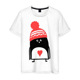 Мужская футболка хлопок с принтом Пингвин в шапке в Новосибирске, 100% хлопок | прямой крой, круглый вырез горловины, длина до линии бедер, слегка спущенное плечо. | Тематика изображения на принте: пингвин